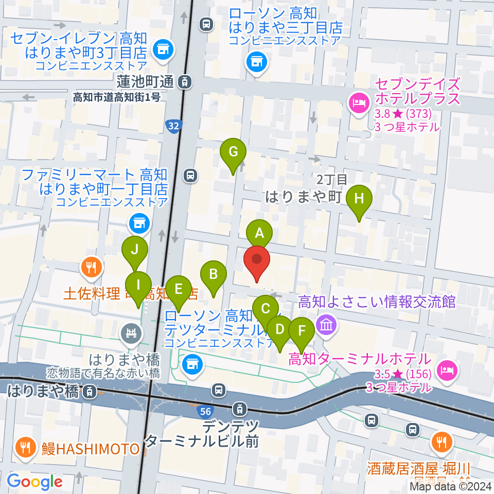 高知ri:ver周辺のカフェ一覧地図