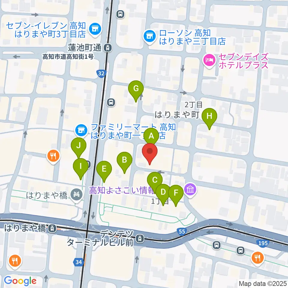 高知ri:ver周辺のカフェ一覧地図