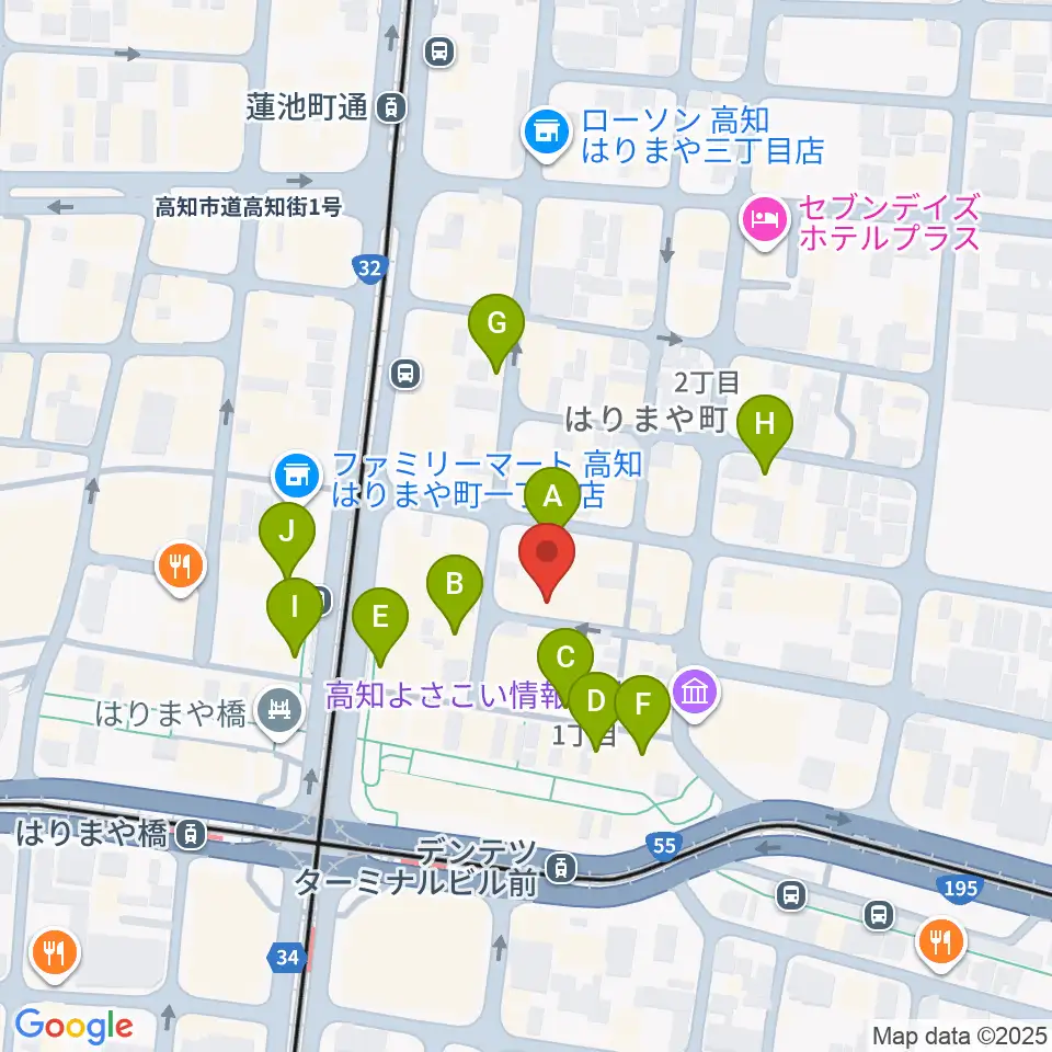 高知ri:ver周辺のカフェ一覧地図