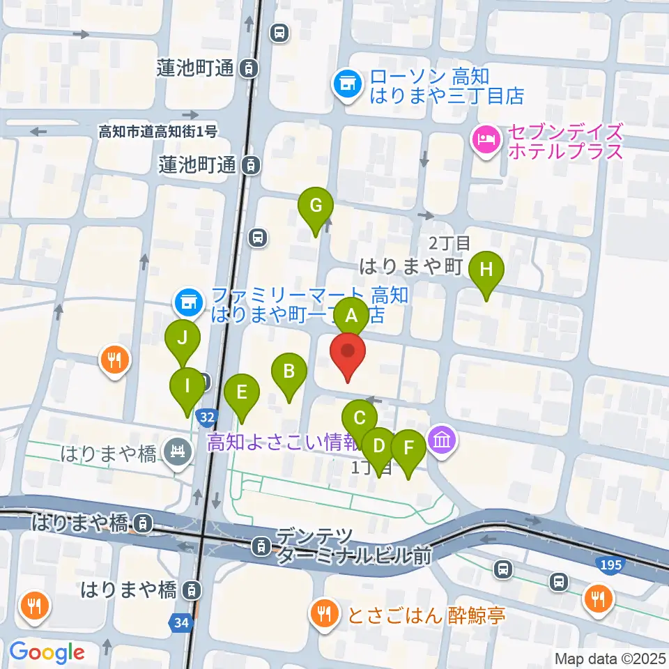 高知ri:ver周辺のカフェ一覧地図