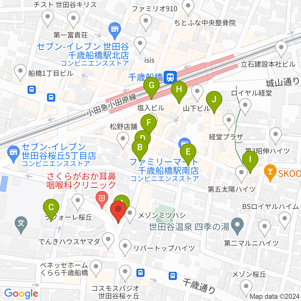 ユリミュージックキャンパス 千歳船橋教室周辺のカフェ一覧地図