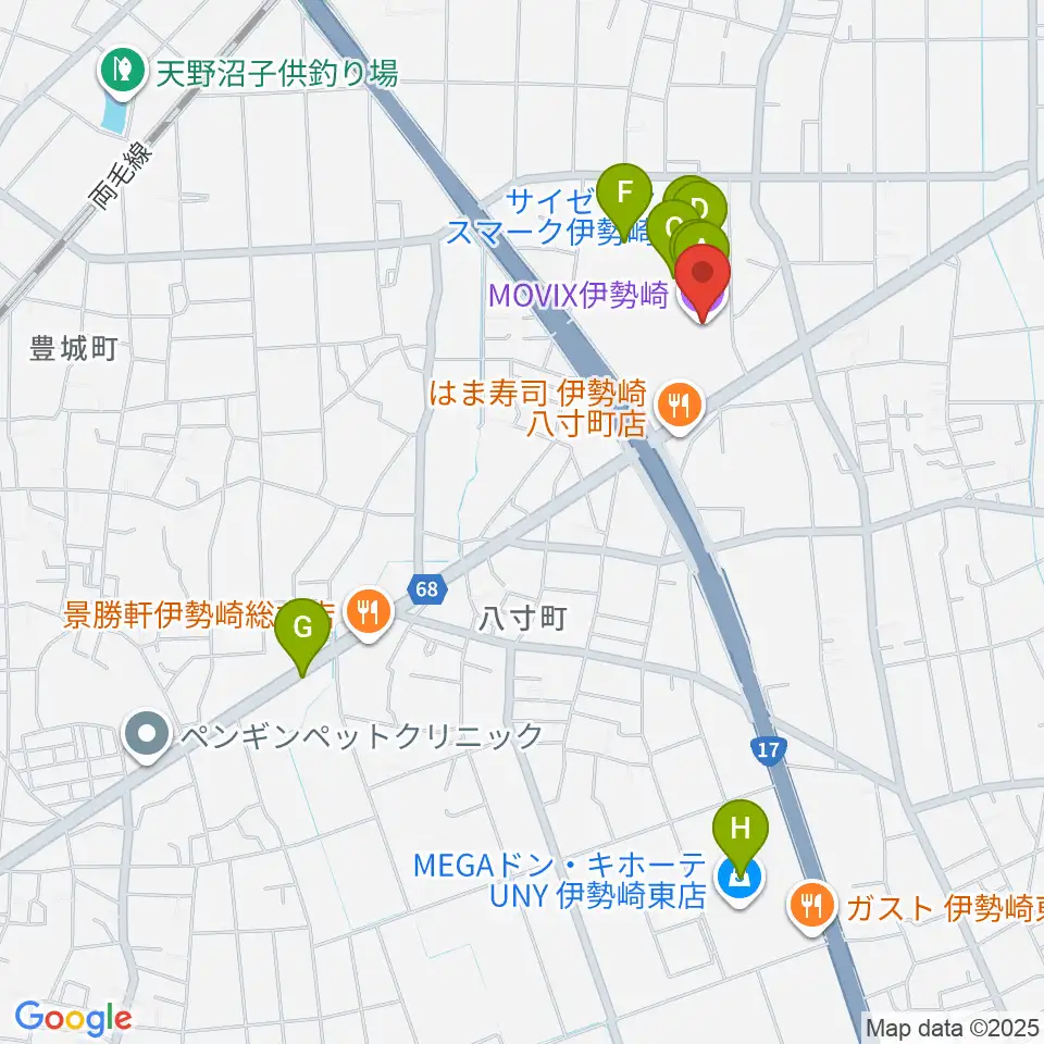 MOVIX伊勢崎周辺のカフェ一覧地図