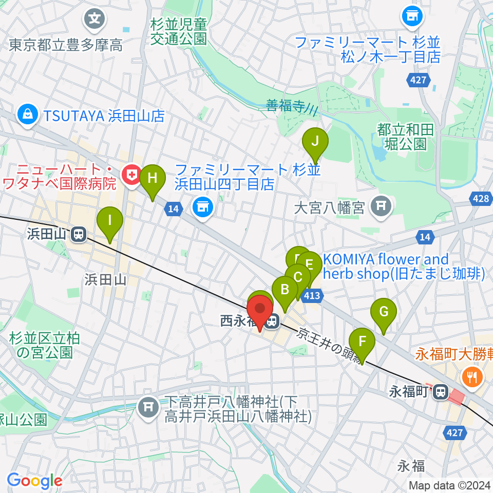 西永福JAM周辺のカフェ一覧地図