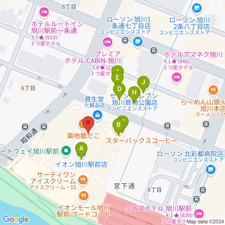 イオンシネマ旭川駅前周辺のカフェ一覧地図