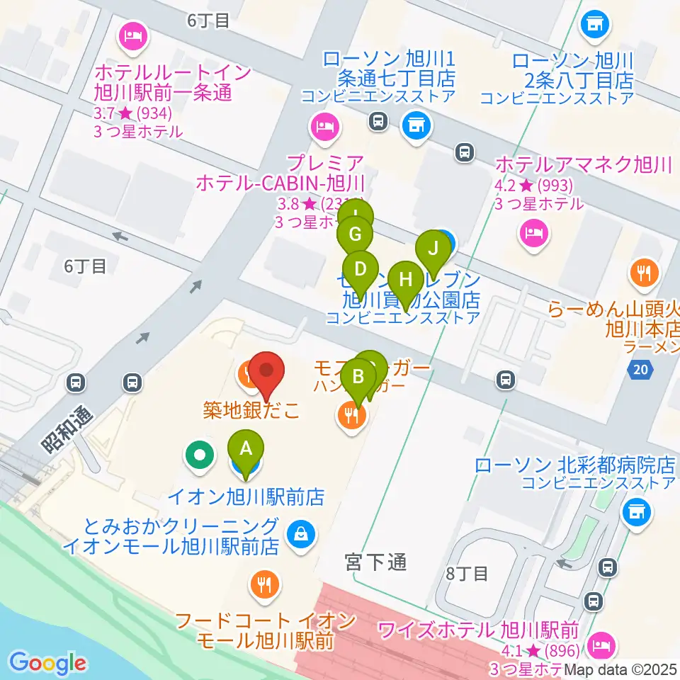 イオンシネマ旭川駅前周辺のカフェ一覧地図