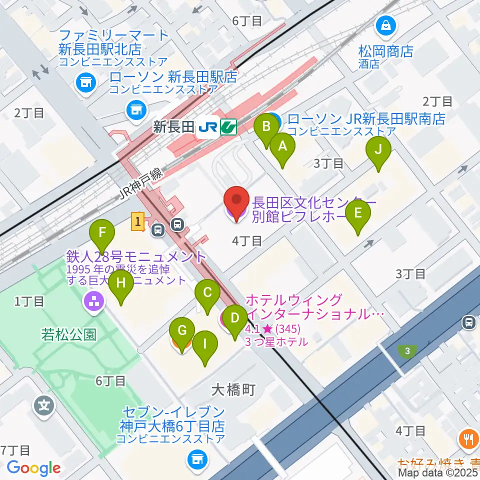 長田区文化センター別館ピフレホール周辺のカフェ一覧地図