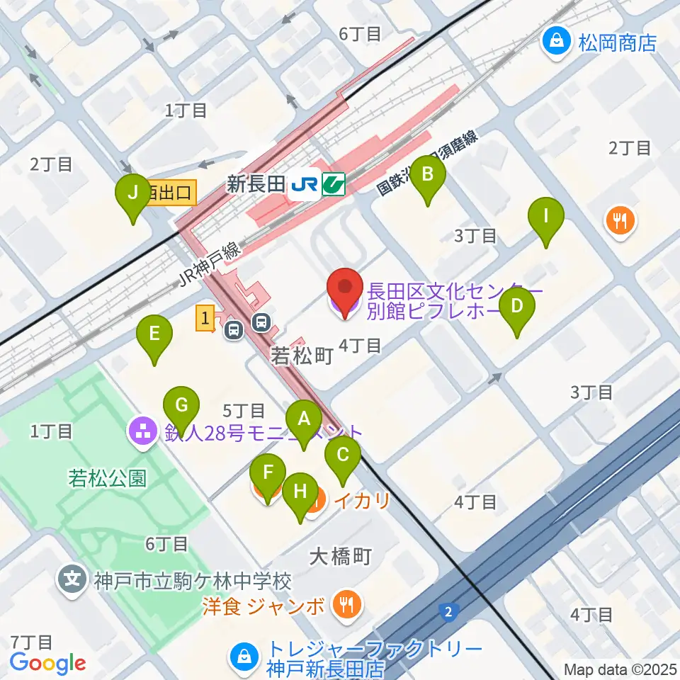 長田区文化センター別館ピフレホール周辺のカフェ一覧地図