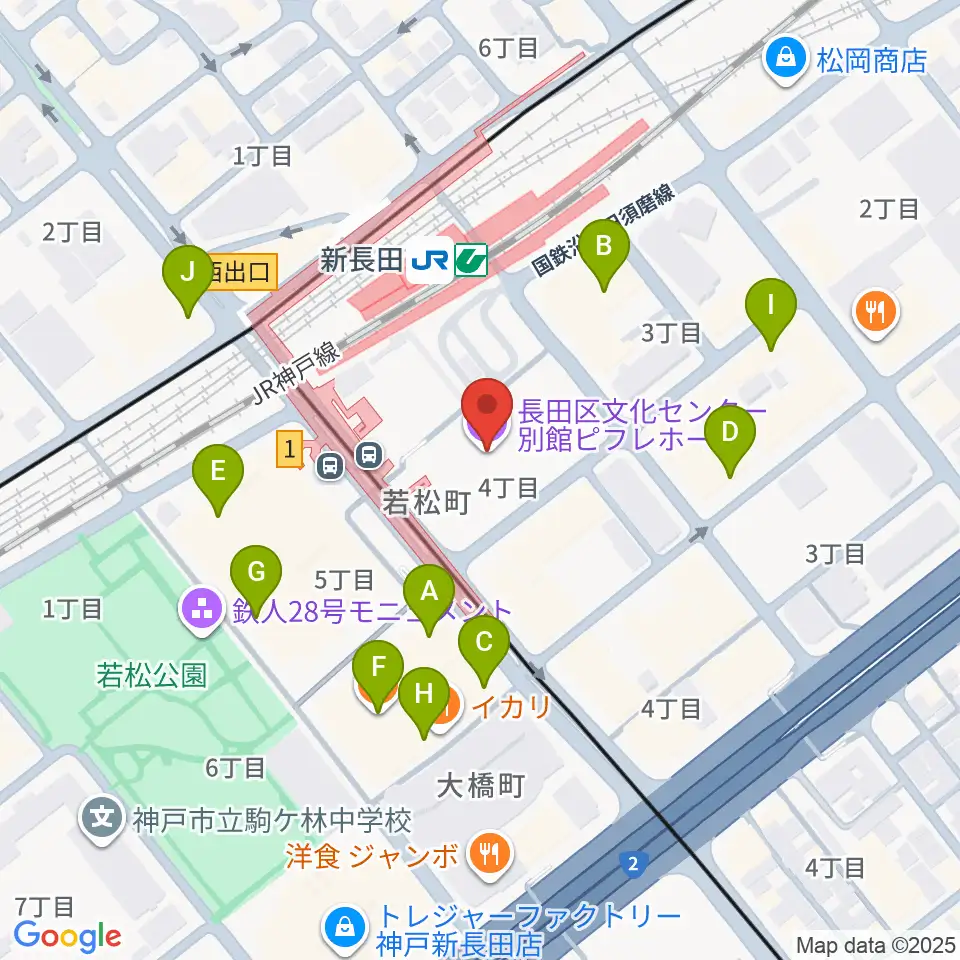 長田区文化センター別館ピフレホール周辺のカフェ一覧地図