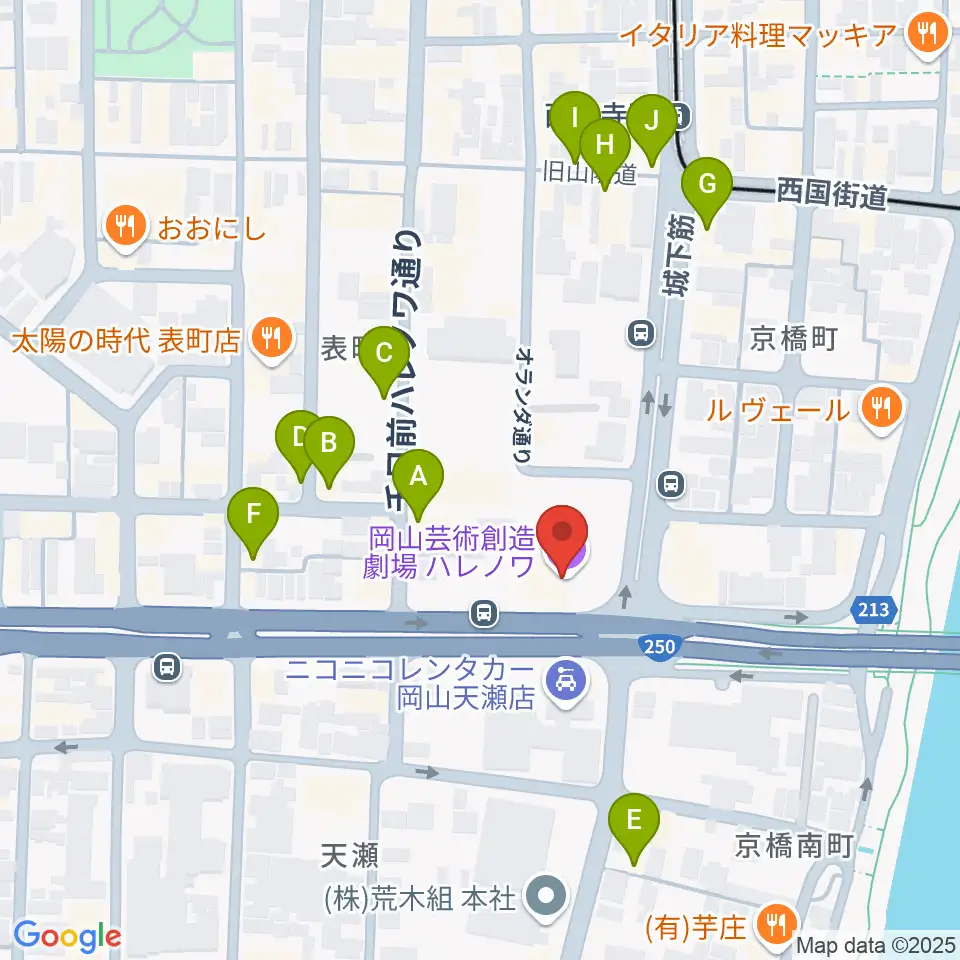 岡山芸術創造劇場ハレノワ周辺のカフェ一覧地図