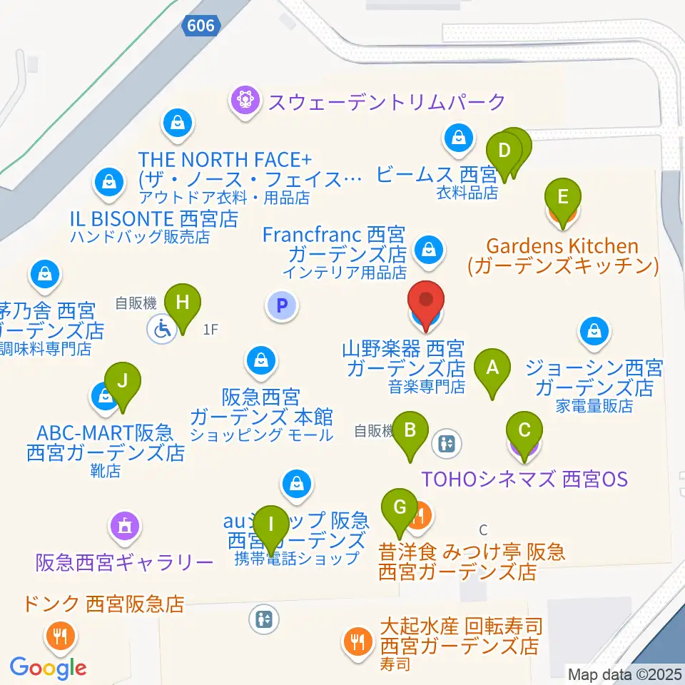 山野楽器 西宮ガーデンズ店周辺のカフェ一覧地図
