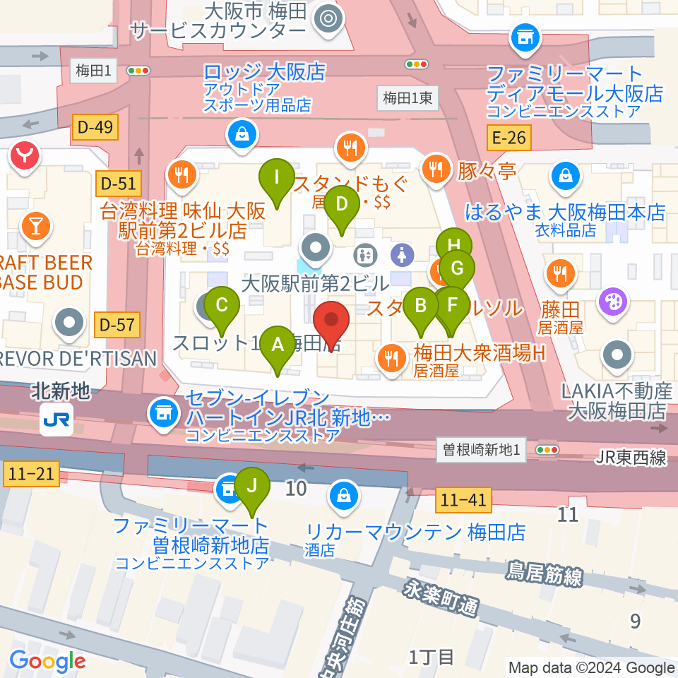 大阪弦楽器周辺のカフェ一覧地図