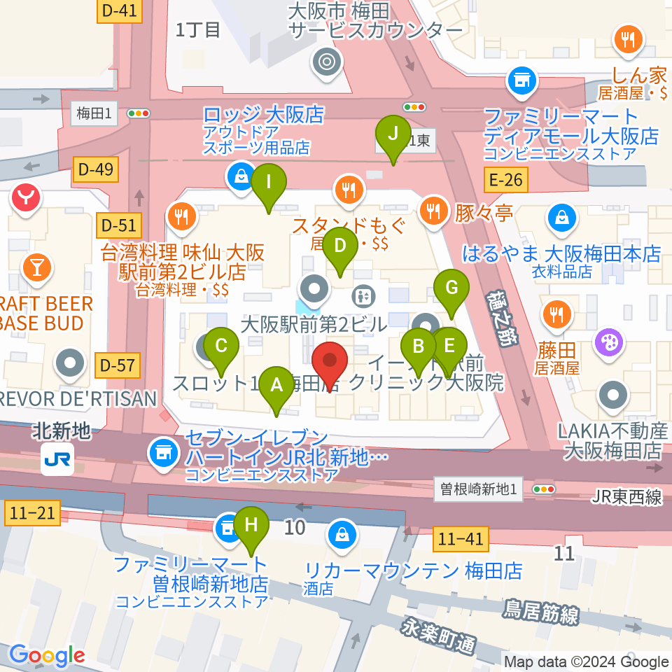 大阪弦楽器周辺のカフェ一覧地図