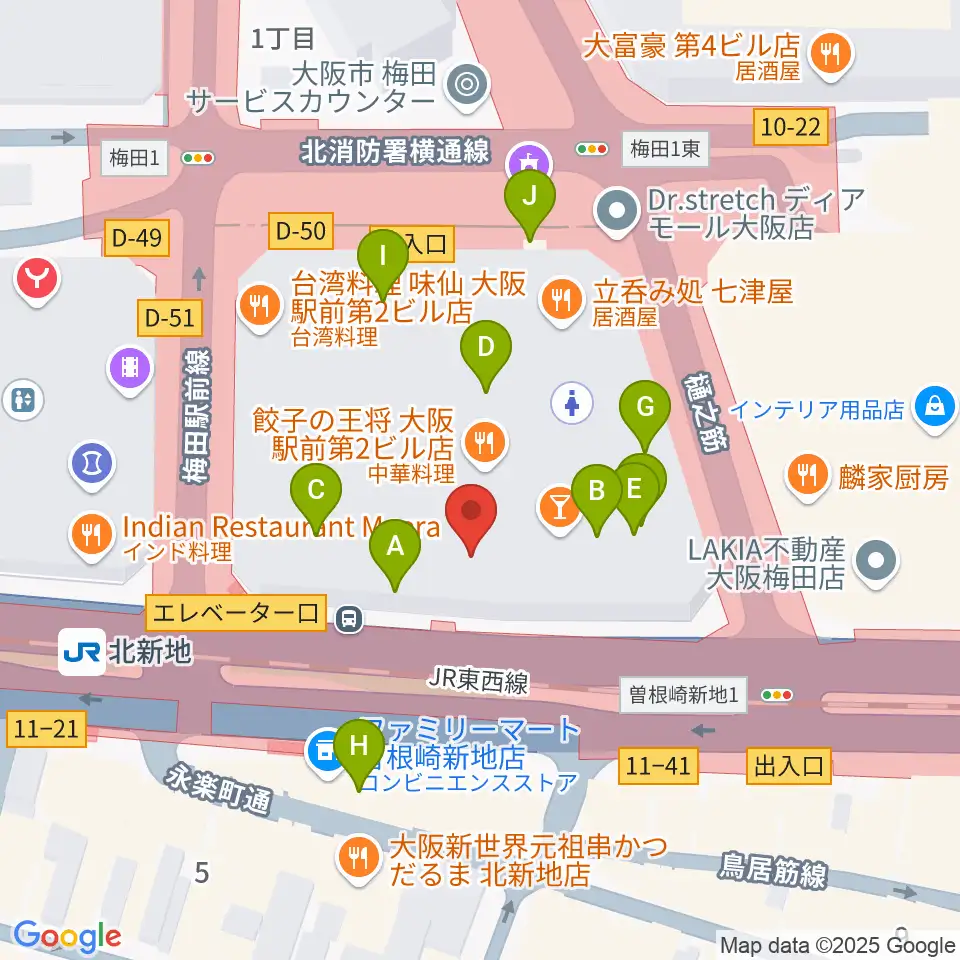 大阪弦楽器周辺のカフェ一覧地図