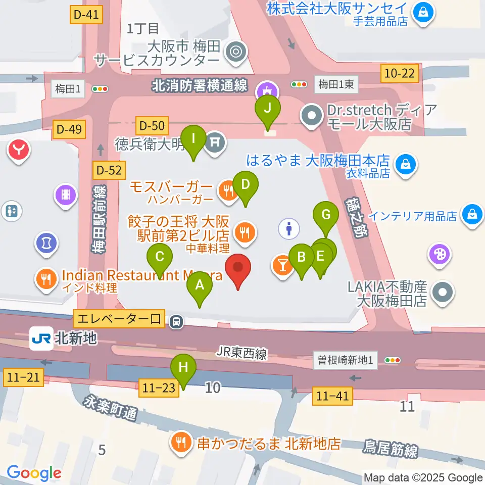 大阪弦楽器周辺のカフェ一覧地図