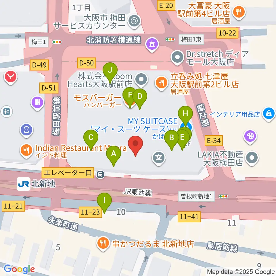 大阪弦楽器周辺のカフェ一覧地図