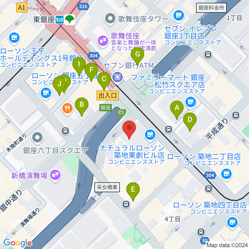 東劇周辺のカフェ一覧地図