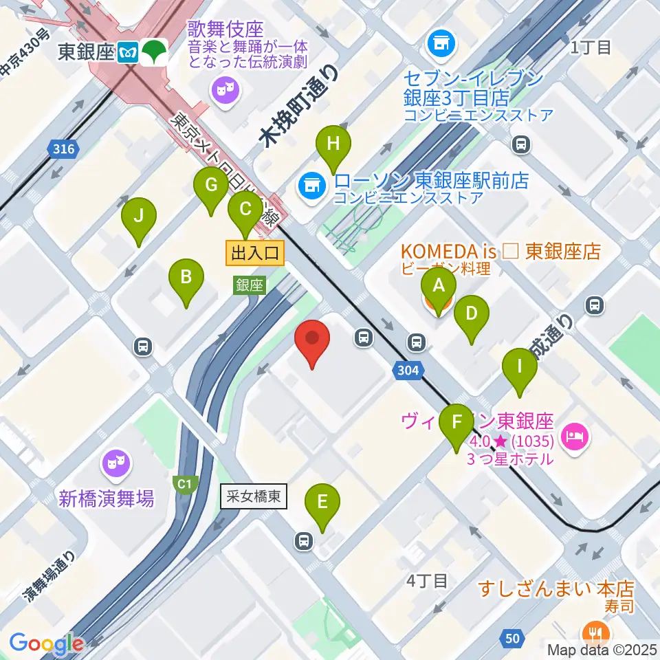 東劇周辺のカフェ一覧地図