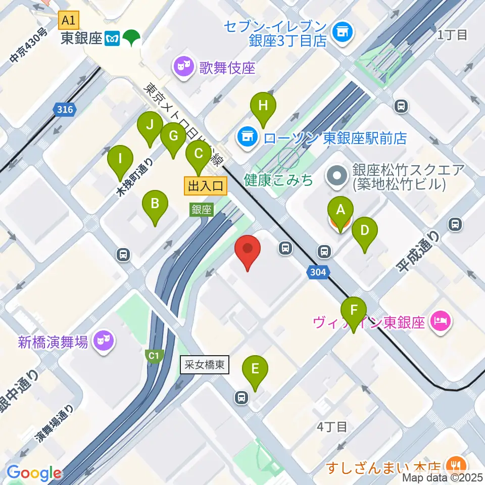 東劇周辺のカフェ一覧地図
