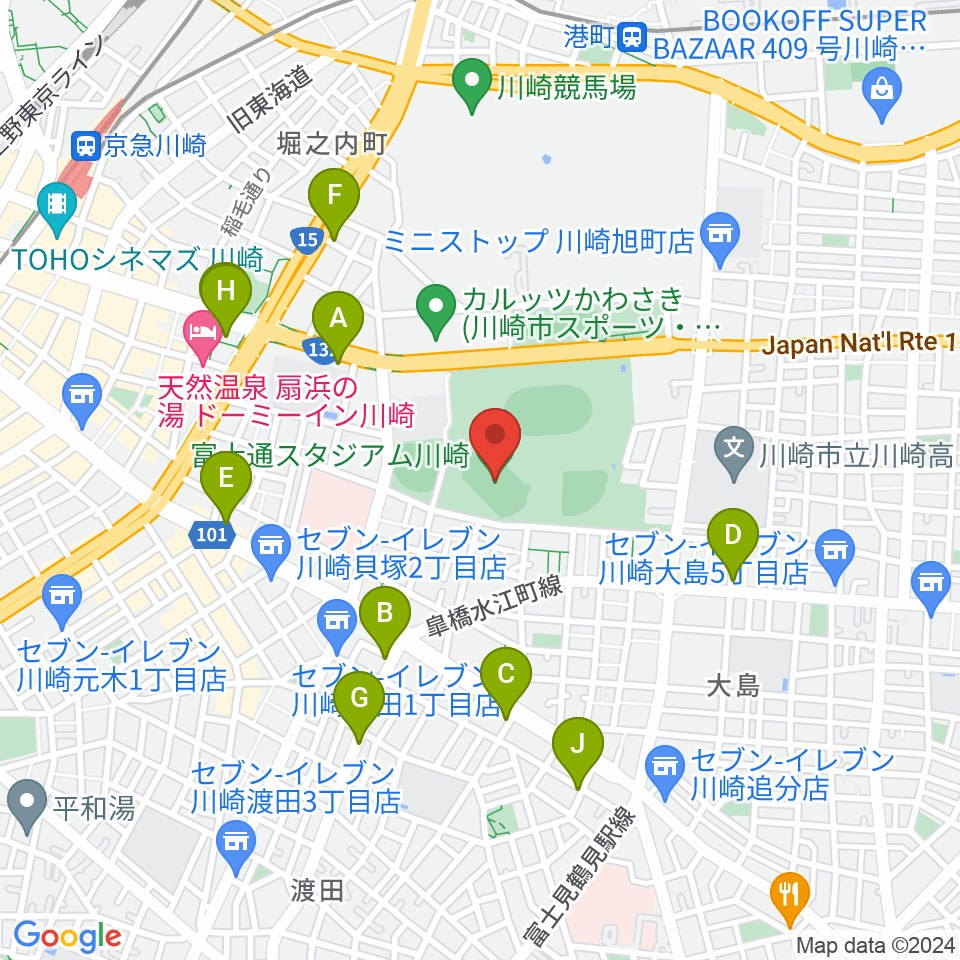 富士通スタジアム川崎周辺のカフェ一覧地図