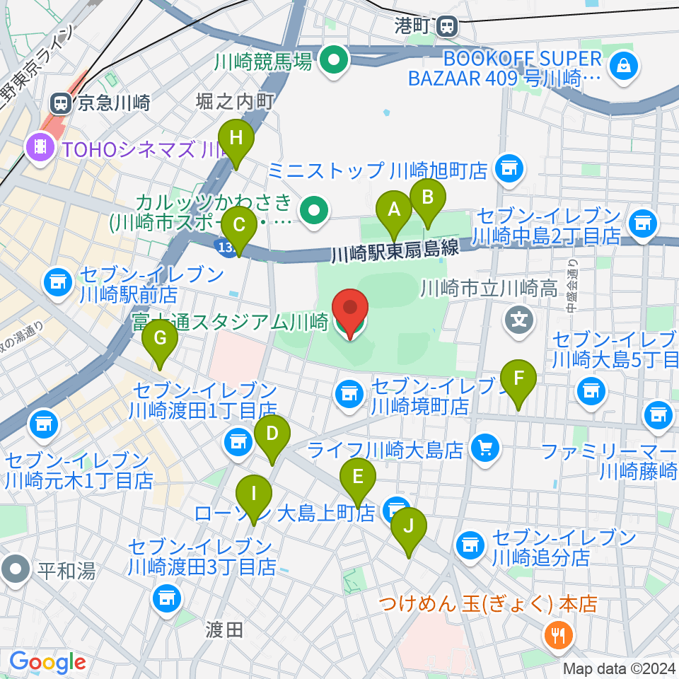 富士通スタジアム川崎周辺のカフェ一覧地図