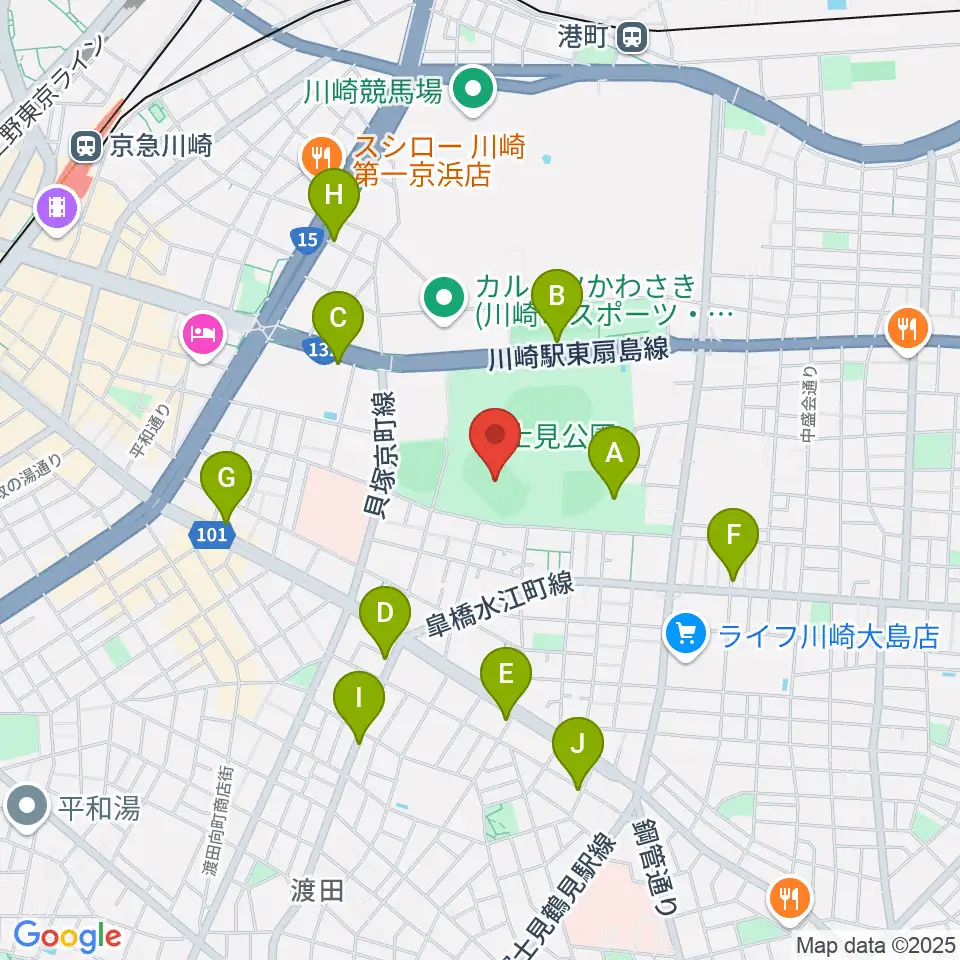 富士通スタジアム川崎周辺のカフェ一覧地図