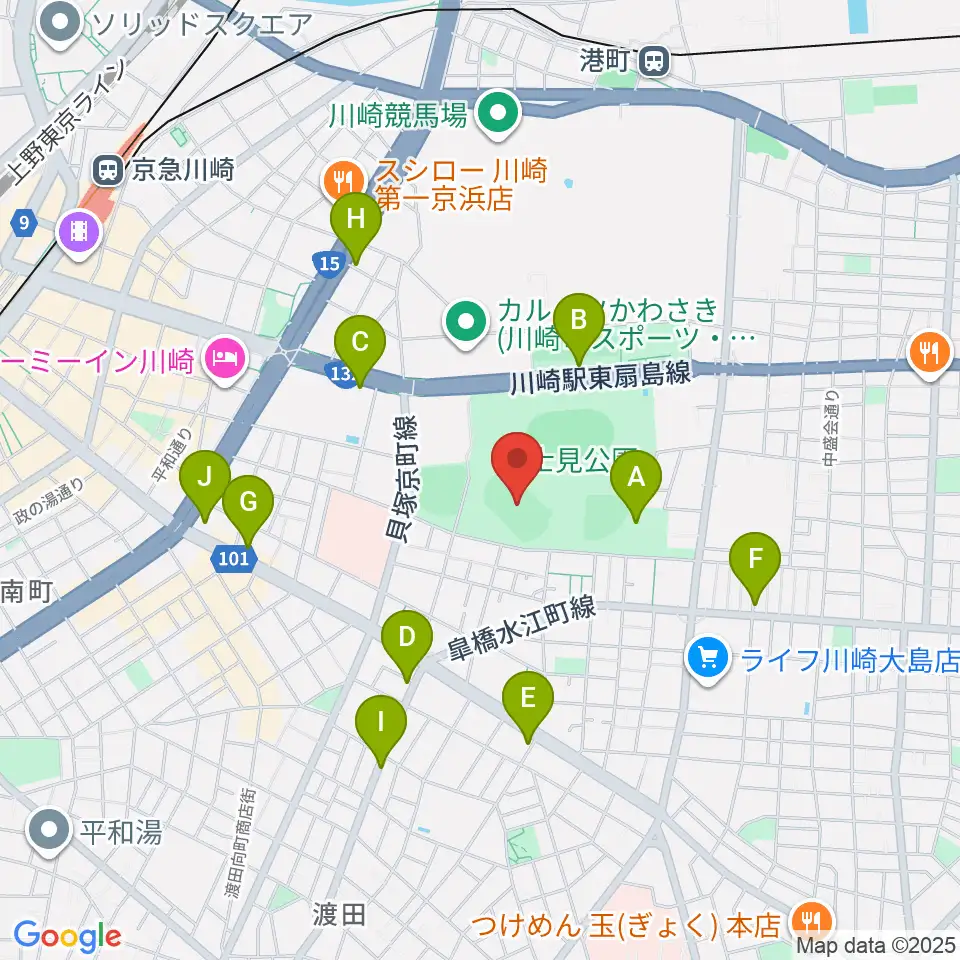 富士通スタジアム川崎周辺のカフェ一覧地図