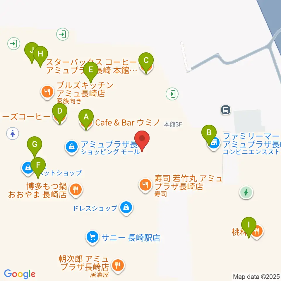 ローソン・ユナイテッドシネマ長崎周辺のカフェ一覧地図