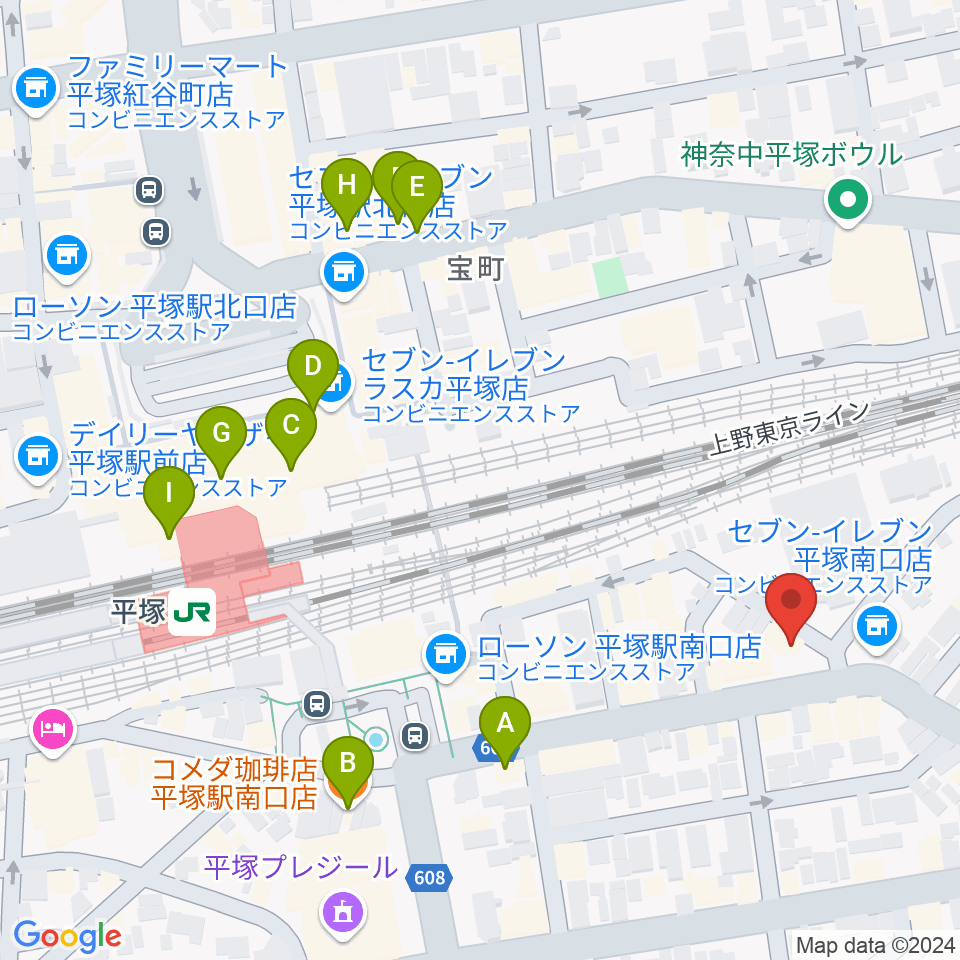 新堀ギター音楽院 平塚教室周辺のカフェ一覧地図