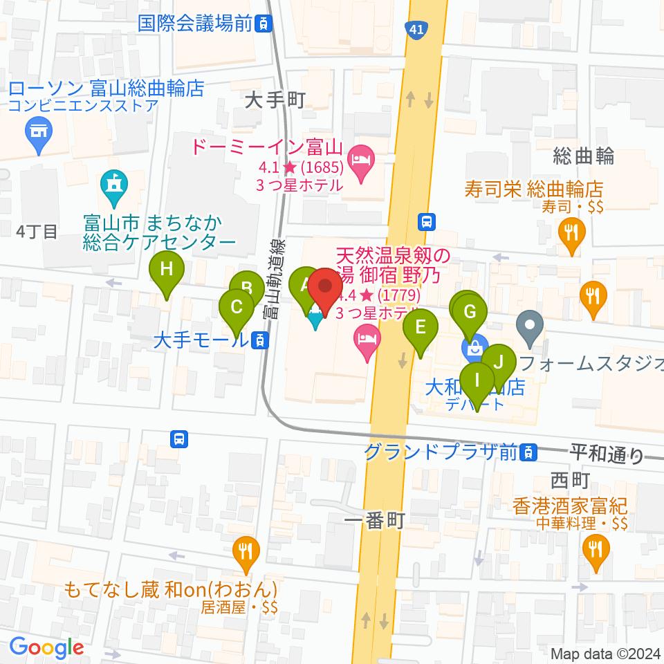 JMAXシアターとやま周辺のカフェ一覧地図