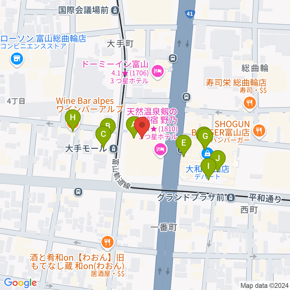 JMAXシアターとやま周辺のカフェ一覧地図