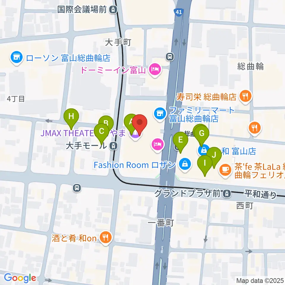 JMAXシアターとやま周辺のカフェ一覧地図