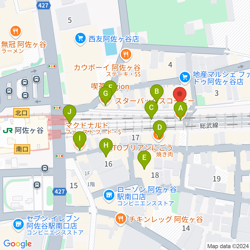 阿佐ヶ谷MUSWELL周辺のカフェ一覧地図