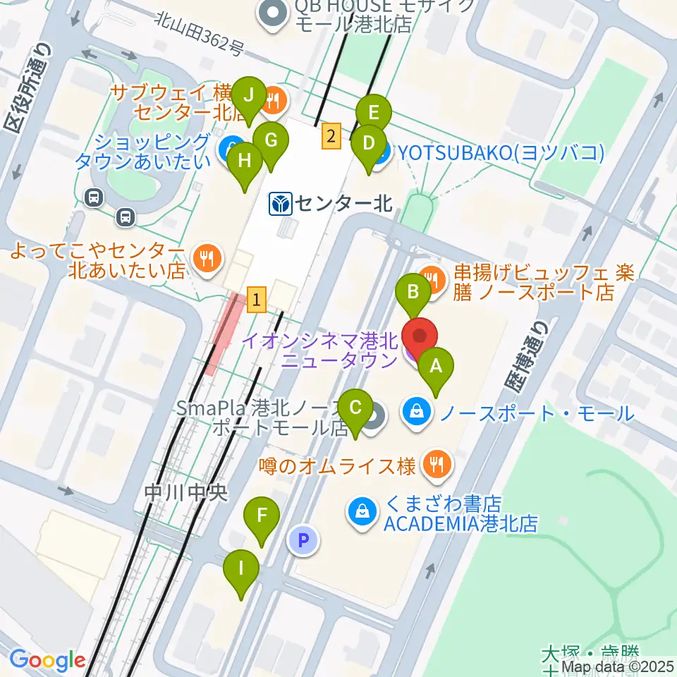 イオンシネマ港北ニュータウン周辺のカフェ一覧地図