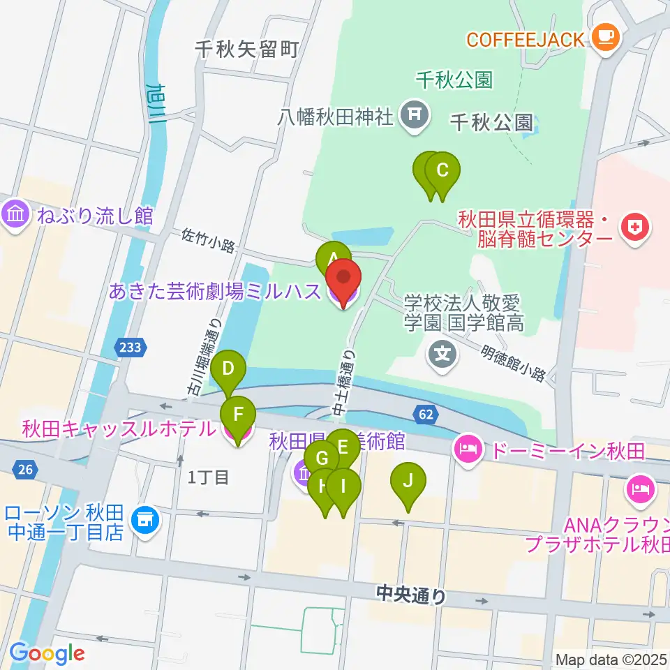 あきた芸術劇場ミルハス周辺のカフェ一覧地図