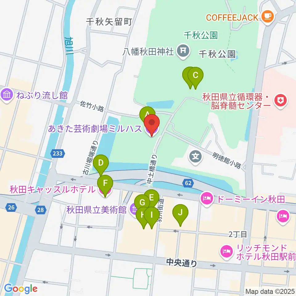 あきた芸術劇場ミルハス周辺のカフェ一覧地図