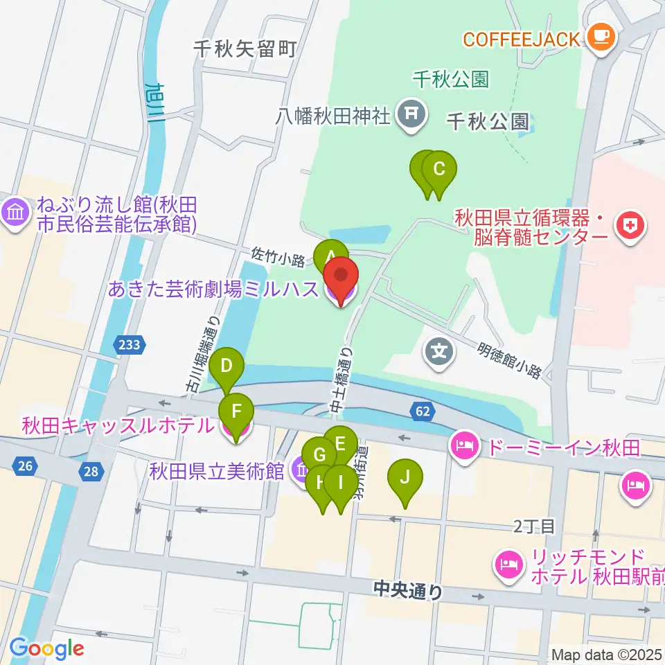 あきた芸術劇場ミルハス周辺のカフェ一覧地図