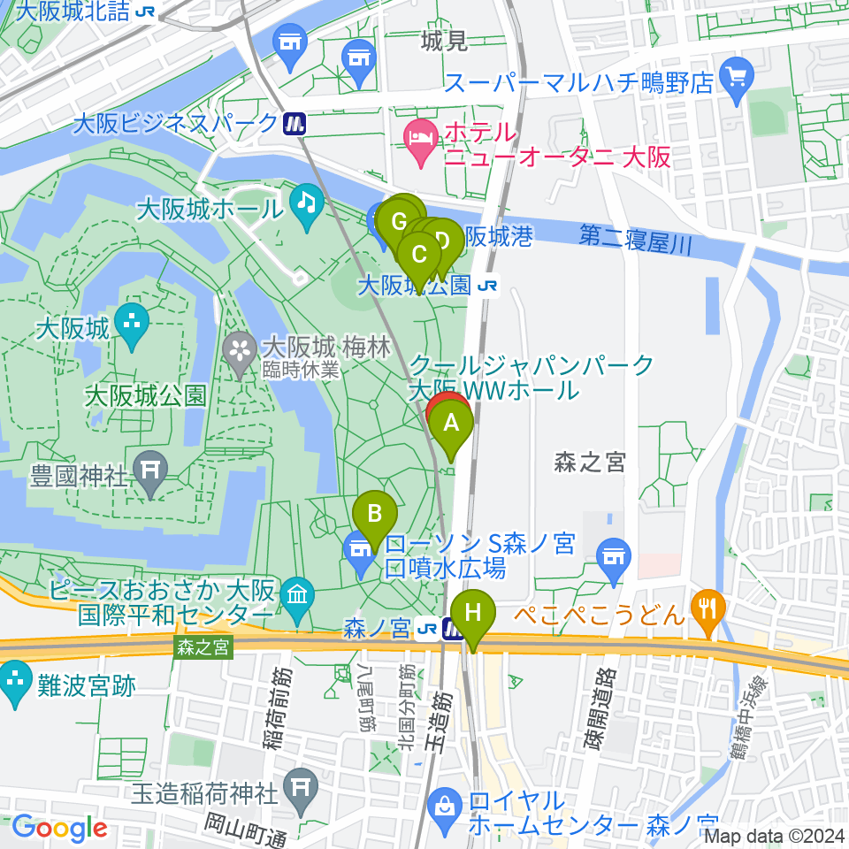 クールジャパンパーク大阪周辺のカフェ一覧地図