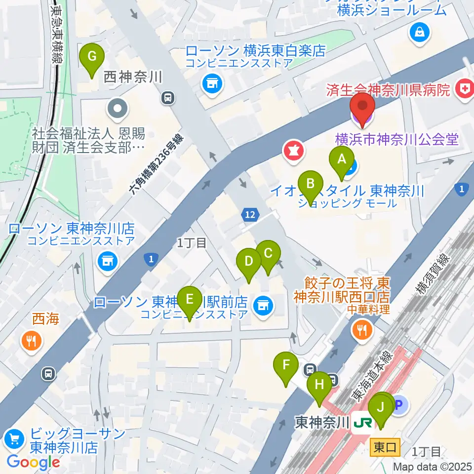 横浜市神奈川公会堂周辺のカフェ一覧地図