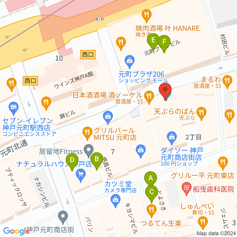 BASS ON TOPピアノスタジオ神戸元町店周辺のカフェ一覧地図