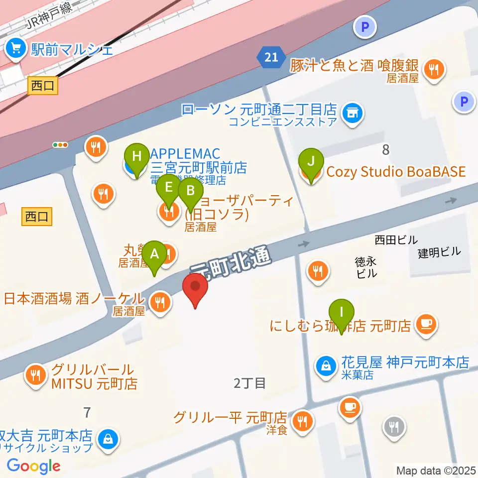 ベースオントップ神戸元町店周辺のカフェ一覧地図