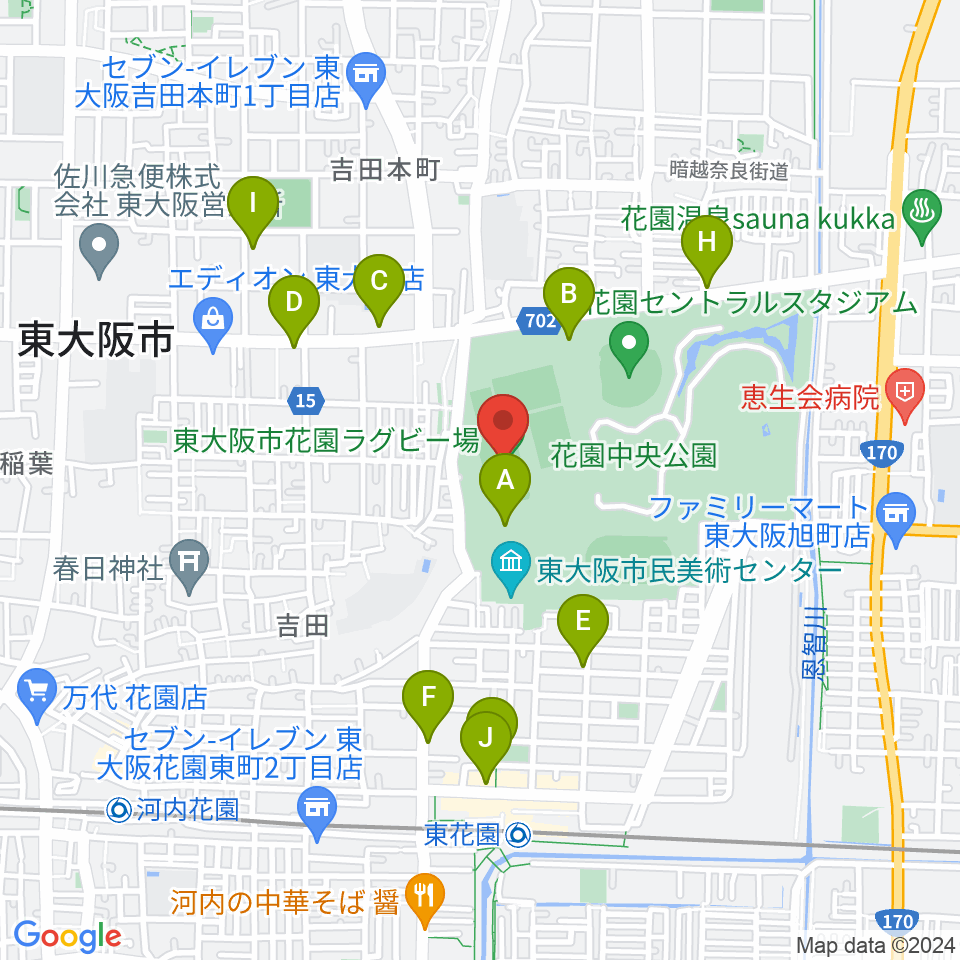 東大阪市花園ラグビー場周辺のカフェ一覧地図