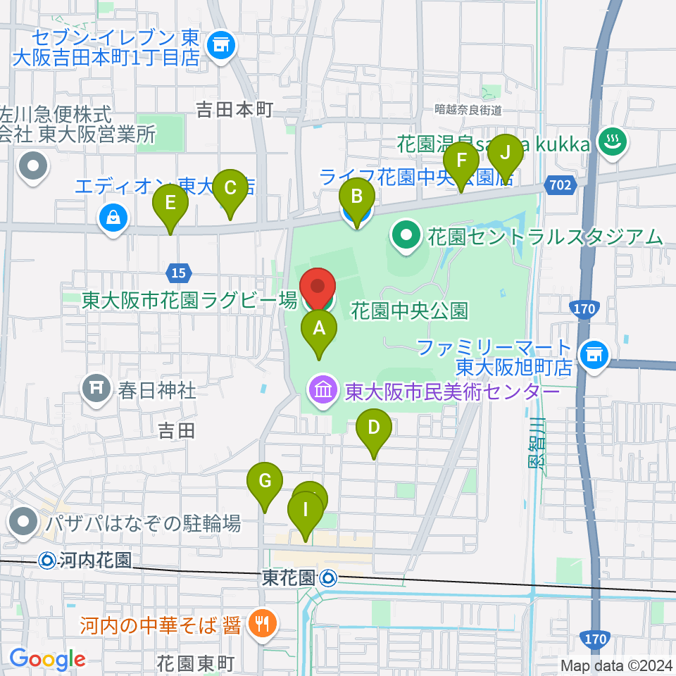 東大阪市花園ラグビー場周辺のカフェ一覧地図