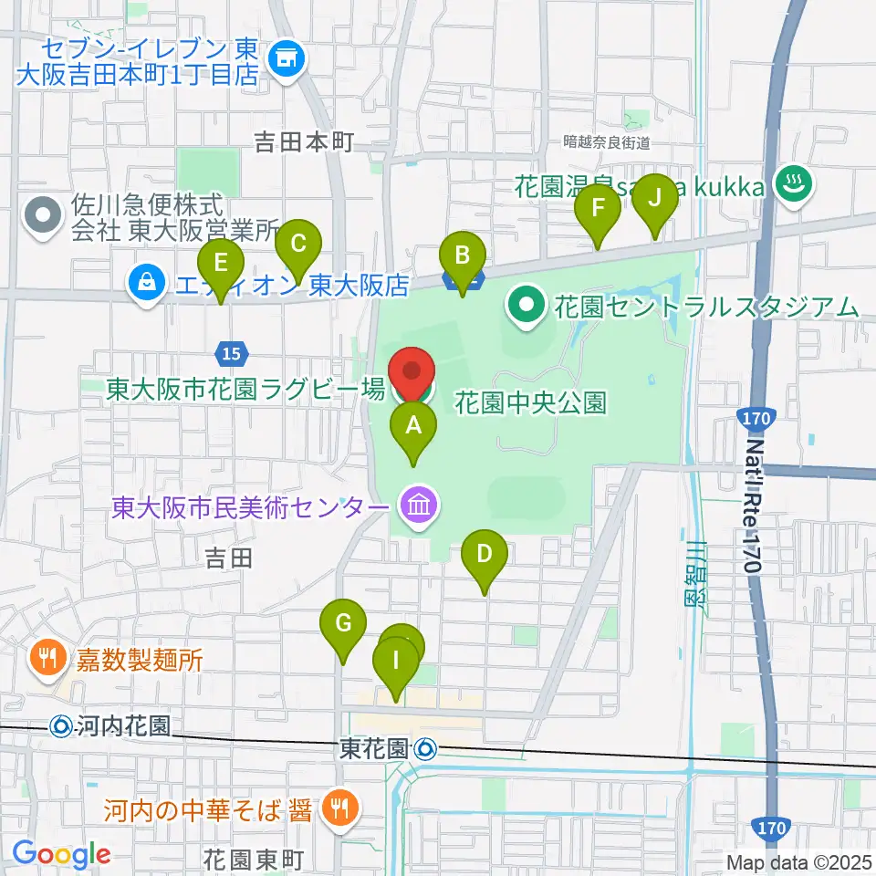東大阪市花園ラグビー場周辺のカフェ一覧地図