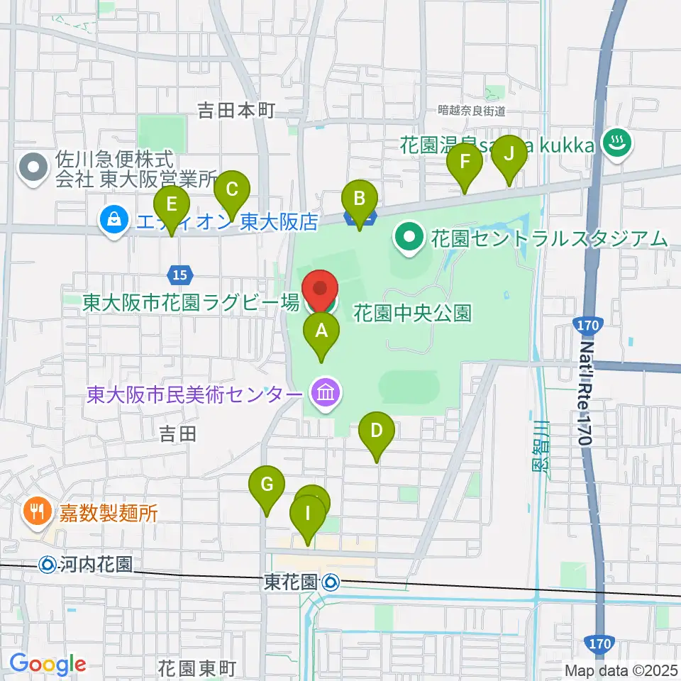 東大阪市花園ラグビー場周辺のカフェ一覧地図