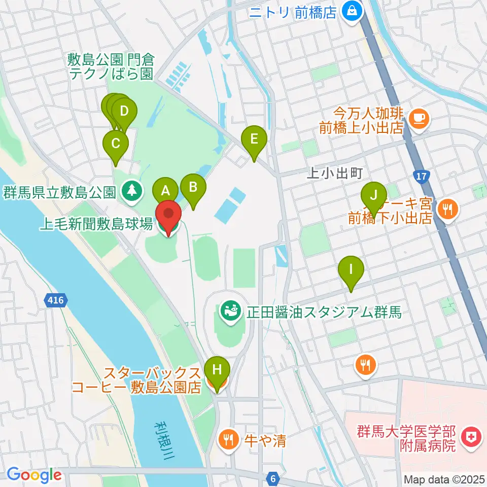 上毛新聞敷島球場周辺のカフェ一覧地図