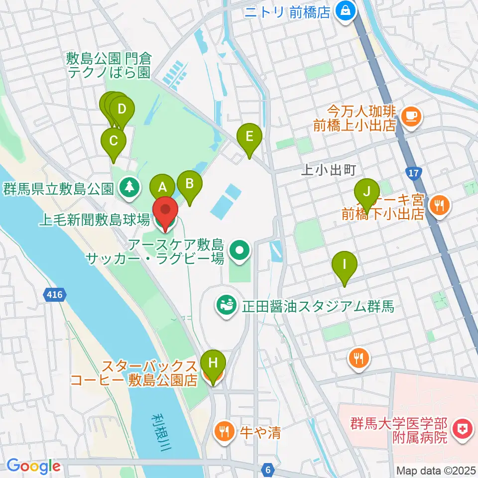 上毛新聞敷島球場周辺のカフェ一覧地図