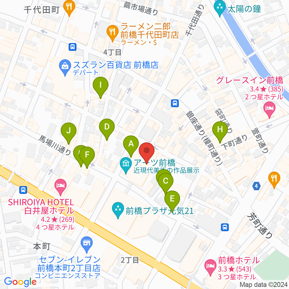 アーツ前橋周辺のカフェ一覧地図