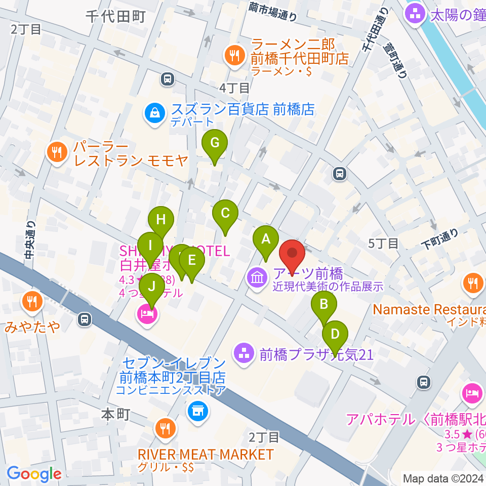 アーツ前橋周辺のカフェ一覧地図