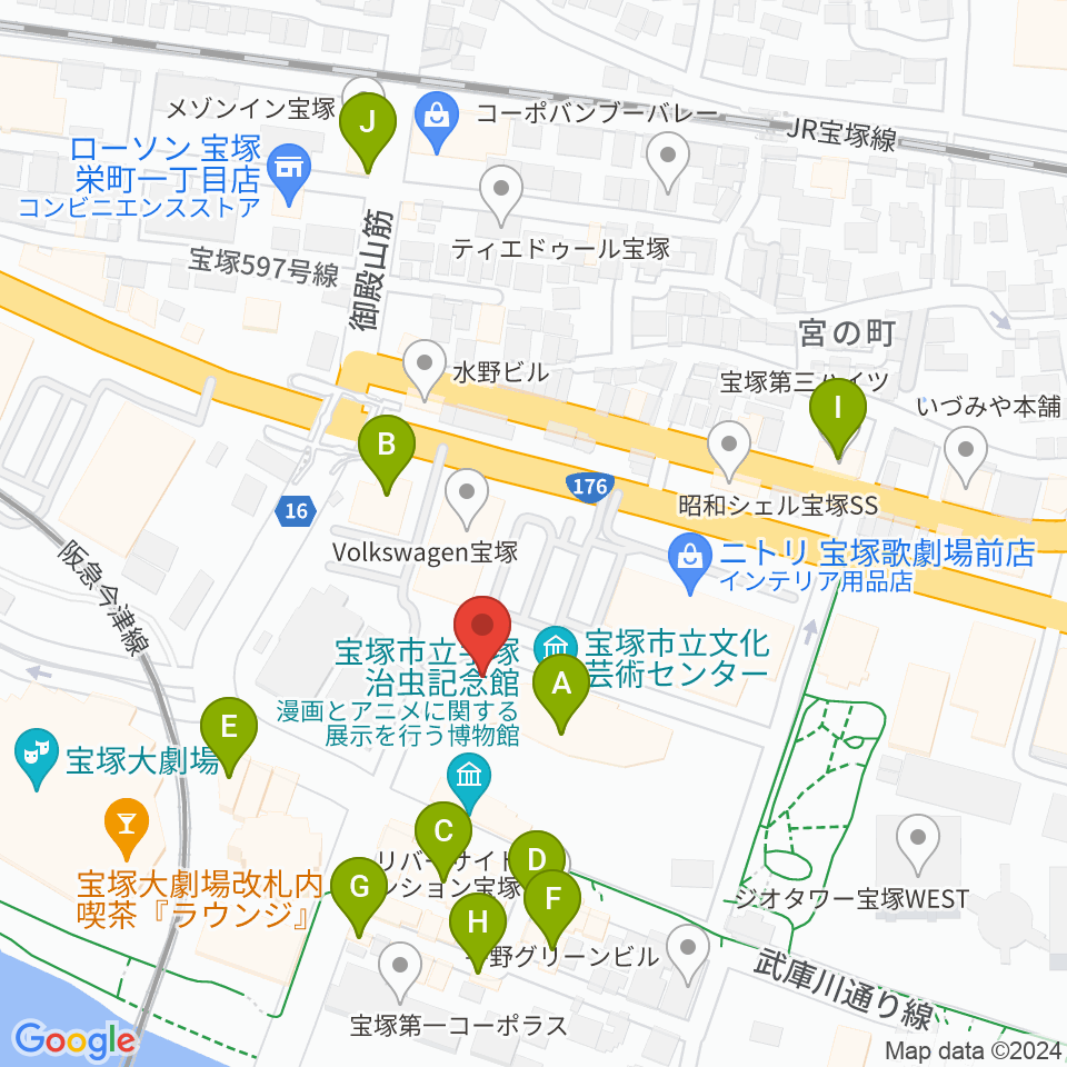 宝塚市立文化芸術センター周辺のカフェ一覧地図