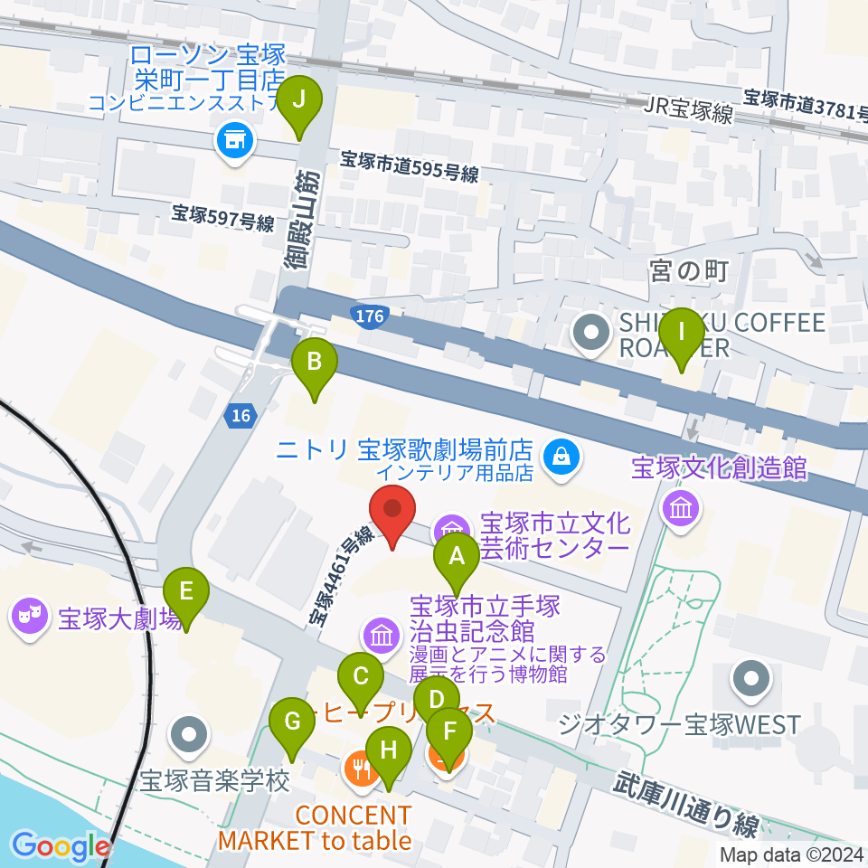 宝塚市立文化芸術センター周辺のカフェ一覧地図